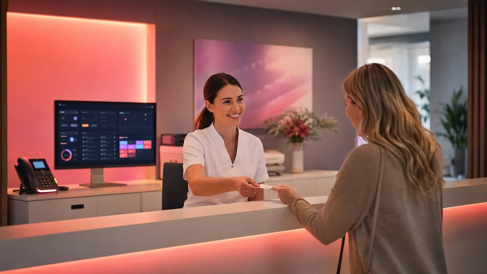 Medizinische Fachangestellte empfängt eine Patientin, während ein digitales System Anrufe und Termine organisiert